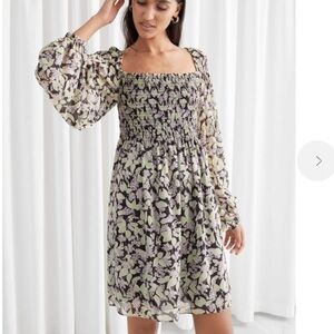 & Other Stories Smocked Floral Dress Womens Size 4 Long Sleeve Mini Square Neck